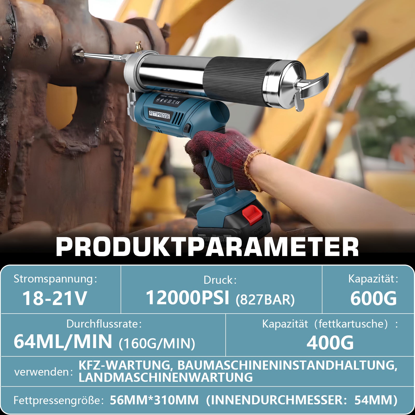 Akku Fettpresse 12000 PSI kabellos mit LED, 2-in-1 Griff, 160 g/min, 18–21V, inkl. 2 Akkus, Ladegerät & Düsen für Auto, Werkstatt & Maschinen kaufen - Irondelic