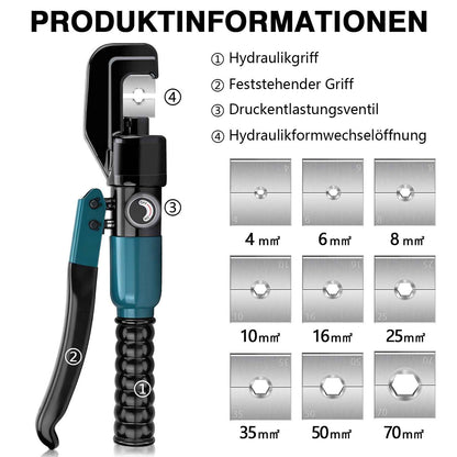 Irondelic Hydraulische Crimpzange 4–70 mm² Set mit 9 Pressbacken, Kabelschneider & Koffer