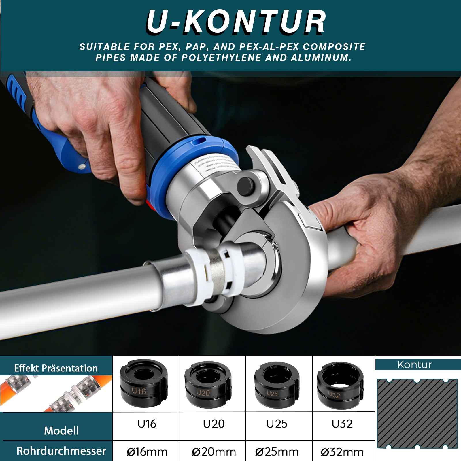 Irondelic 4-tlg. U-Kontur Pressbacken Set 16-32mm | Chromstahl Crimpbacken 48-55 HRC | Universal Presszangen-Einsätze 42x20,5mm für PEX & Verbundrohr