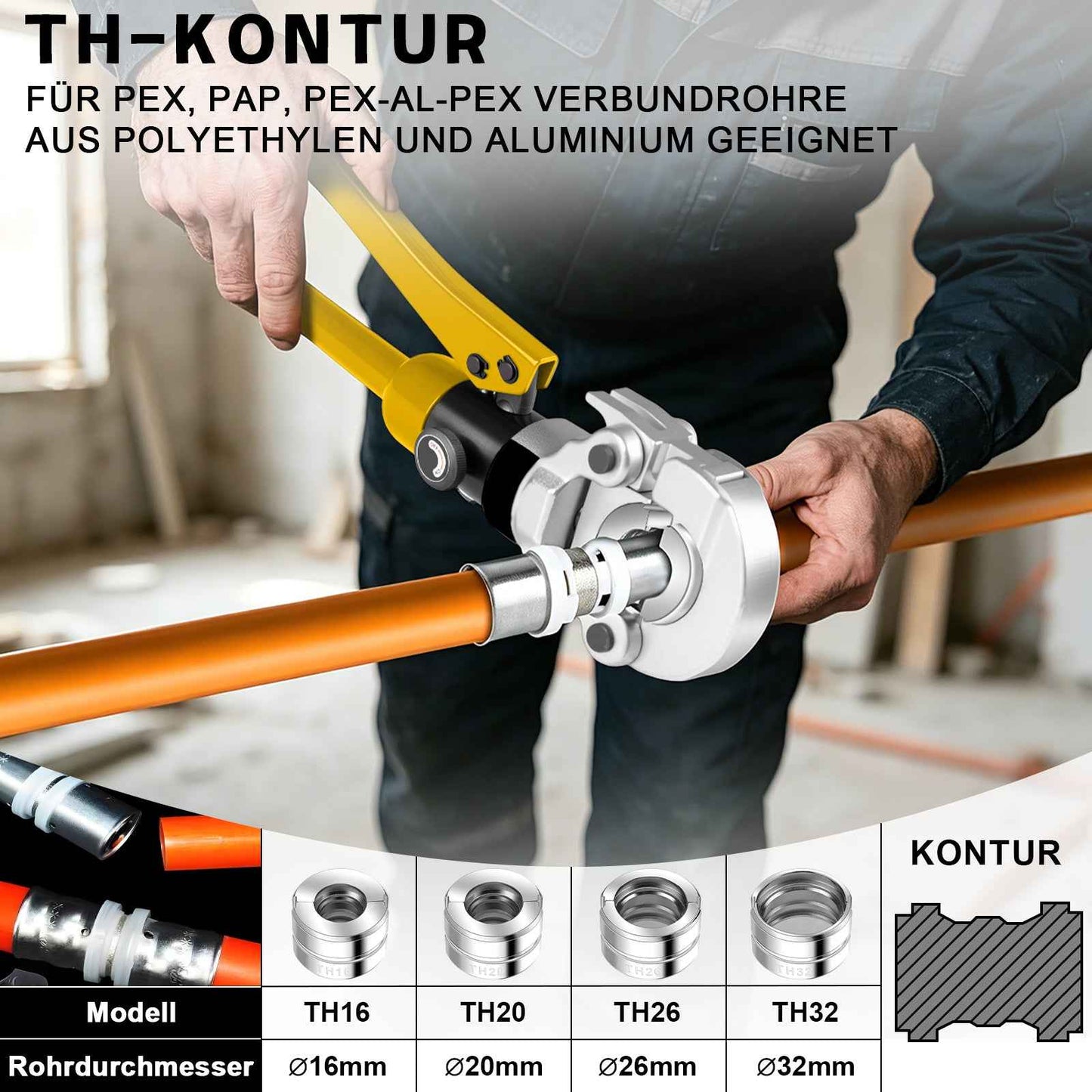 Irondelic 100kN Hydraulische Presszange Set V/TH | Rohrpresszange für Kupfer & PEX Verbundrohr | Profi Presswerkzeug mit Rohrabschneider im Koffer
