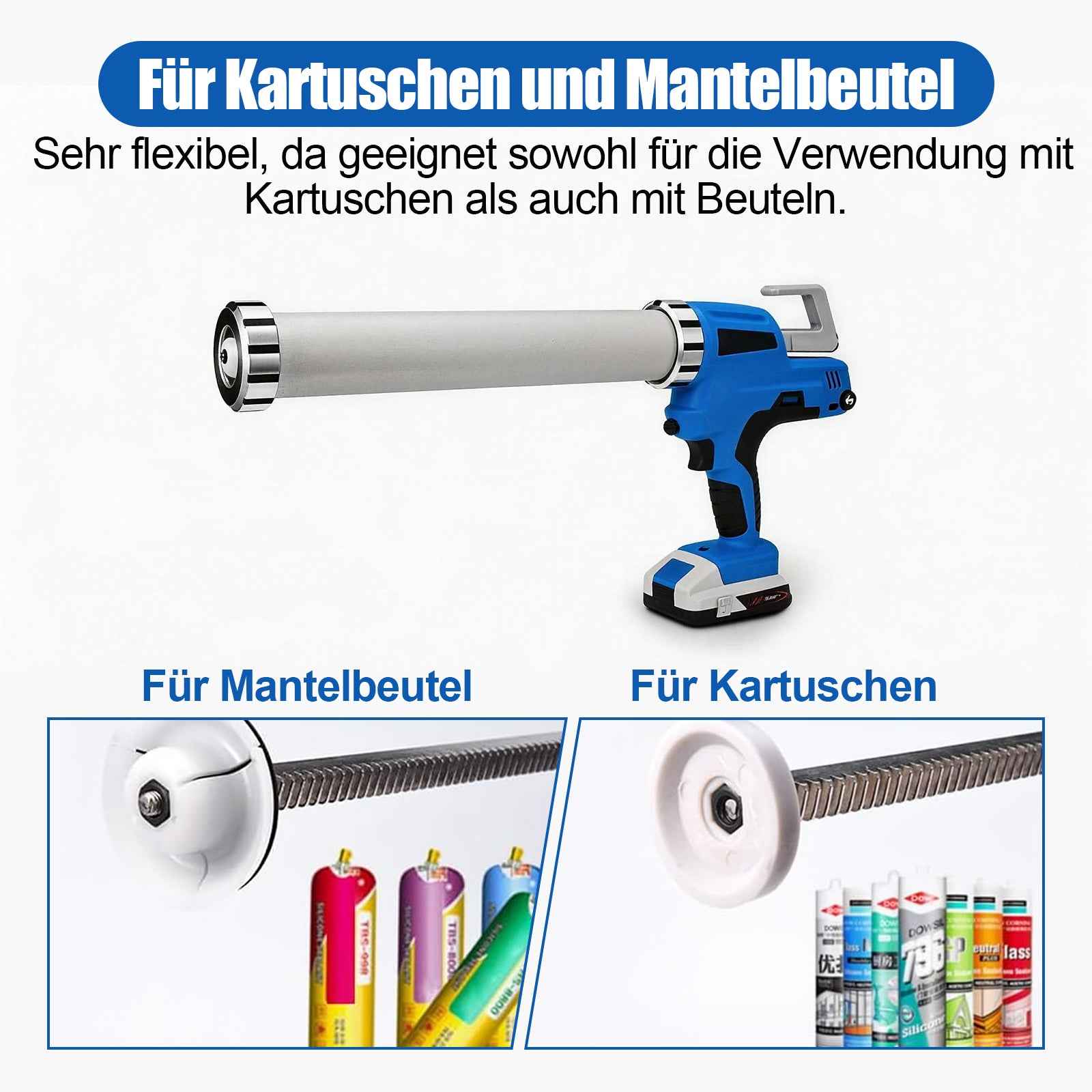 Irondelic Akku-Kartuschenpresse 21V Set mit 2x Akkus | 6500N Profi Auspressgerät für 310ml & 600ml | 6-Gang Fugen-Dichtstoffpresse im Koffer