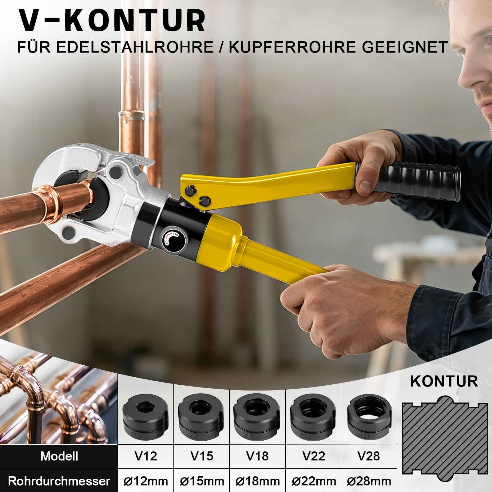 Irondelic 100kN Hydraulische Zange Set V/TH-Kontur | Rohrpresszange für Kupfer & PEX Verbundrohr | Profi Presswerkzeug Komplettset im Koffer