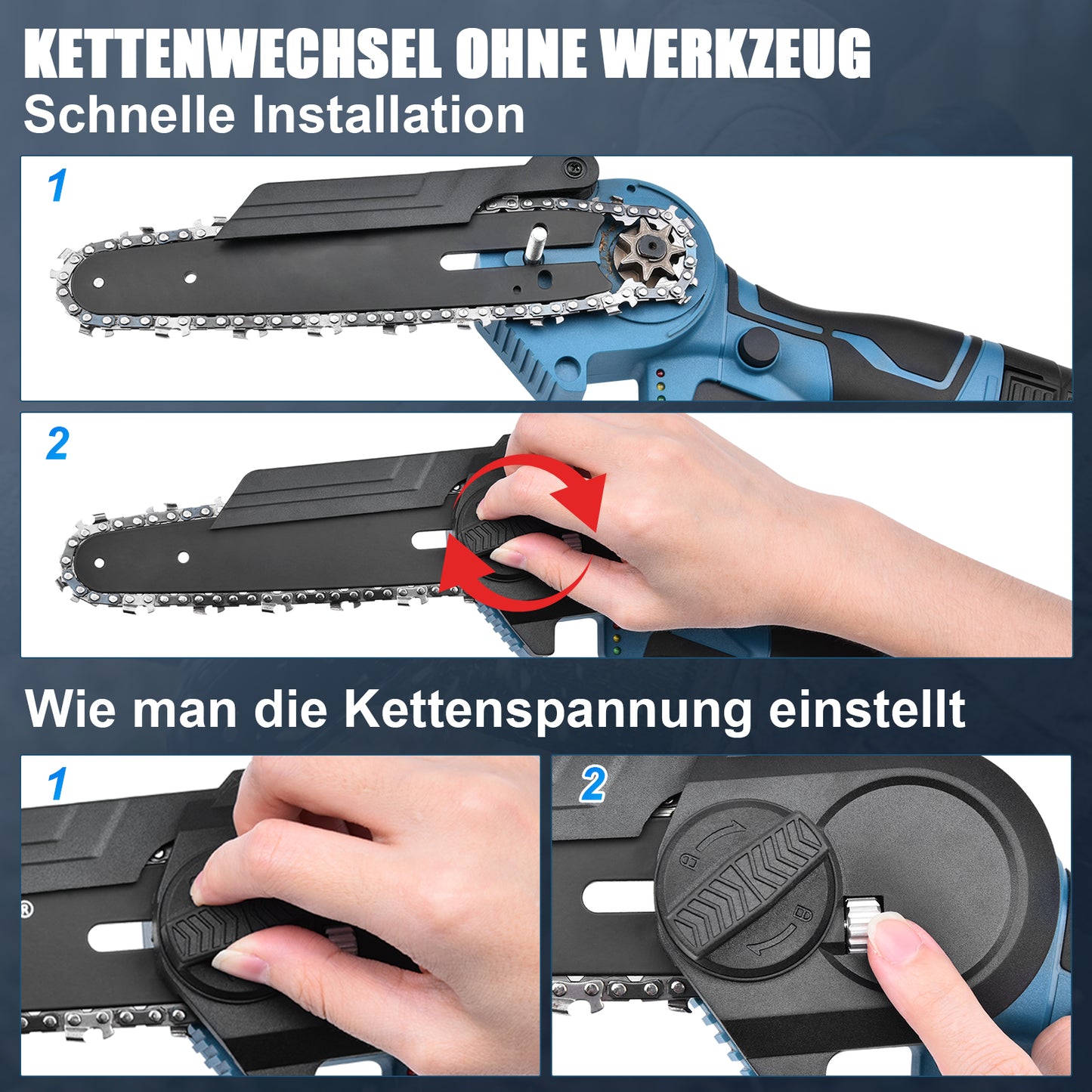 Irondelic Mini Akku-Kettensäge 4- & 6-Zoll Set | 350W Hand-Kettensäge mit 2x Akkus | Leichte Einhand-Gartensäge für Astschnitt & Holz - Irondelic