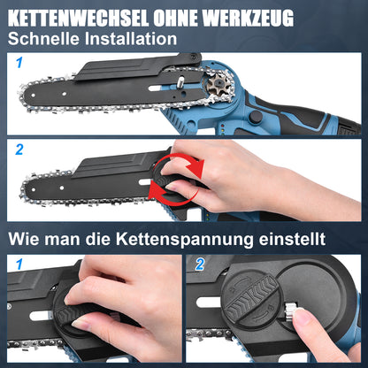 Irondelic Mini Akku-Kettensäge 4- & 6-Zoll Set | 350W Hand-Kettensäge mit 2x Akkus | Leichte Einhand-Gartensäge für Astschnitt & Holz - Irondelic