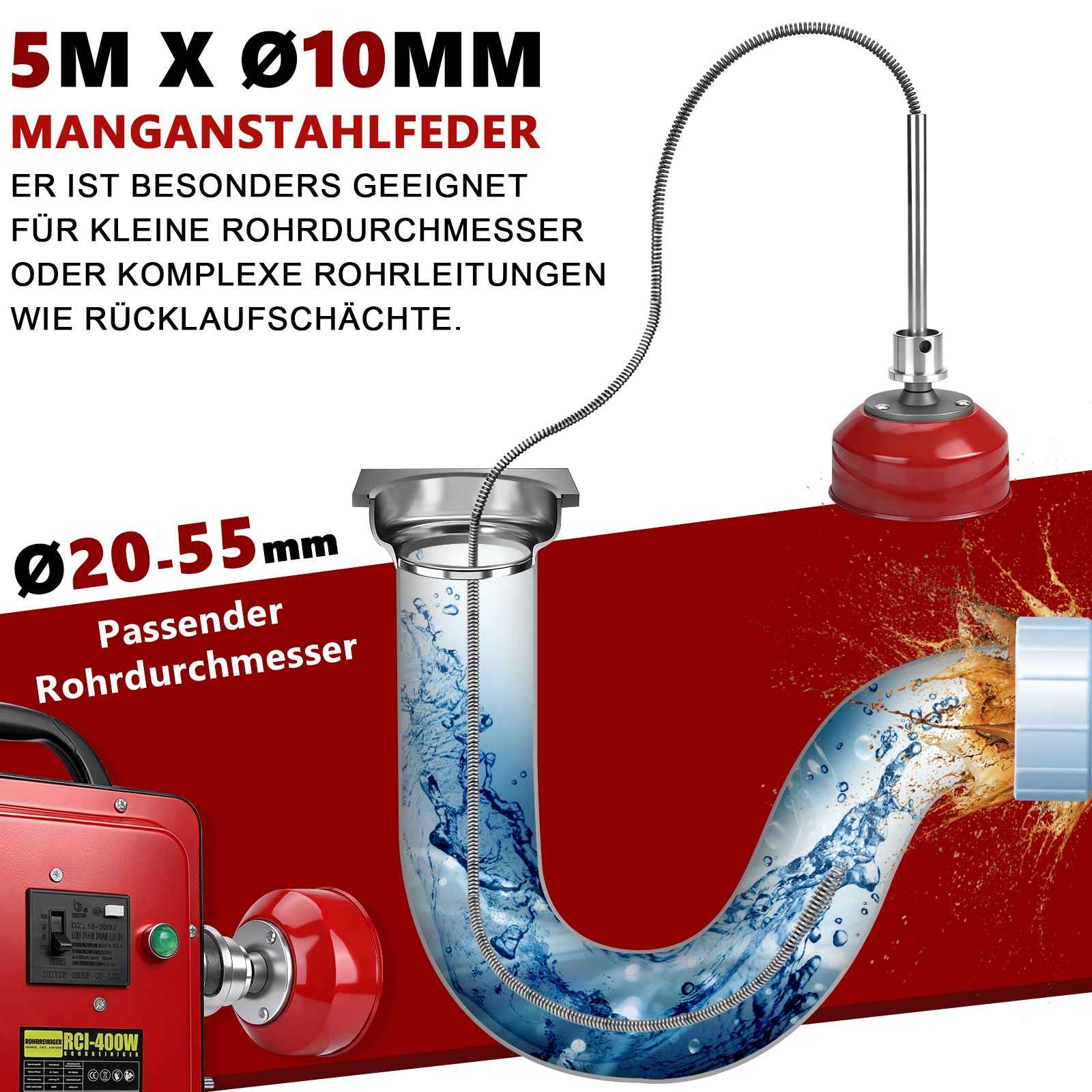 Irondelic 400W Elektrische Rohrreinigungsmaschine Set | Profi Abflussreiniger mit FI-Schutzschalter | Universal Rohrreiniger für Rohre Ø20-100mm