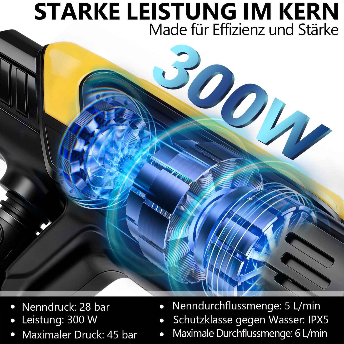 Irondelic Akku-Hochdruckreiniger 21V Set mit 2x 4.0Ah Akkus | 45 bar Tragbare Akku-Waschpistole | 6-in-1 Düse & Selbstansaugend im Koffer