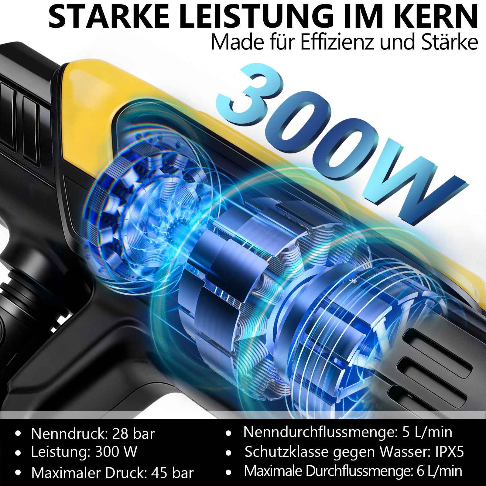 Irondelic Akku-Hochdruckreiniger 21V Set mit 2x 4.0Ah Akkus | 45 bar Tragbare Akku-Waschpistole | 6-in-1 Düse & Selbstansaugend im Koffer
