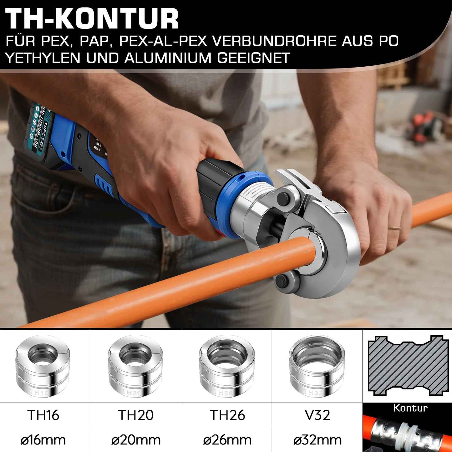 rondelic Akku Presszange Elektrohydraulisch mit 9 Pressbacken TH & V Profil, 2×5,0Ah Akku, Rohrpresszange für Kupfer-, Edelstahl- & Verbundrohre
