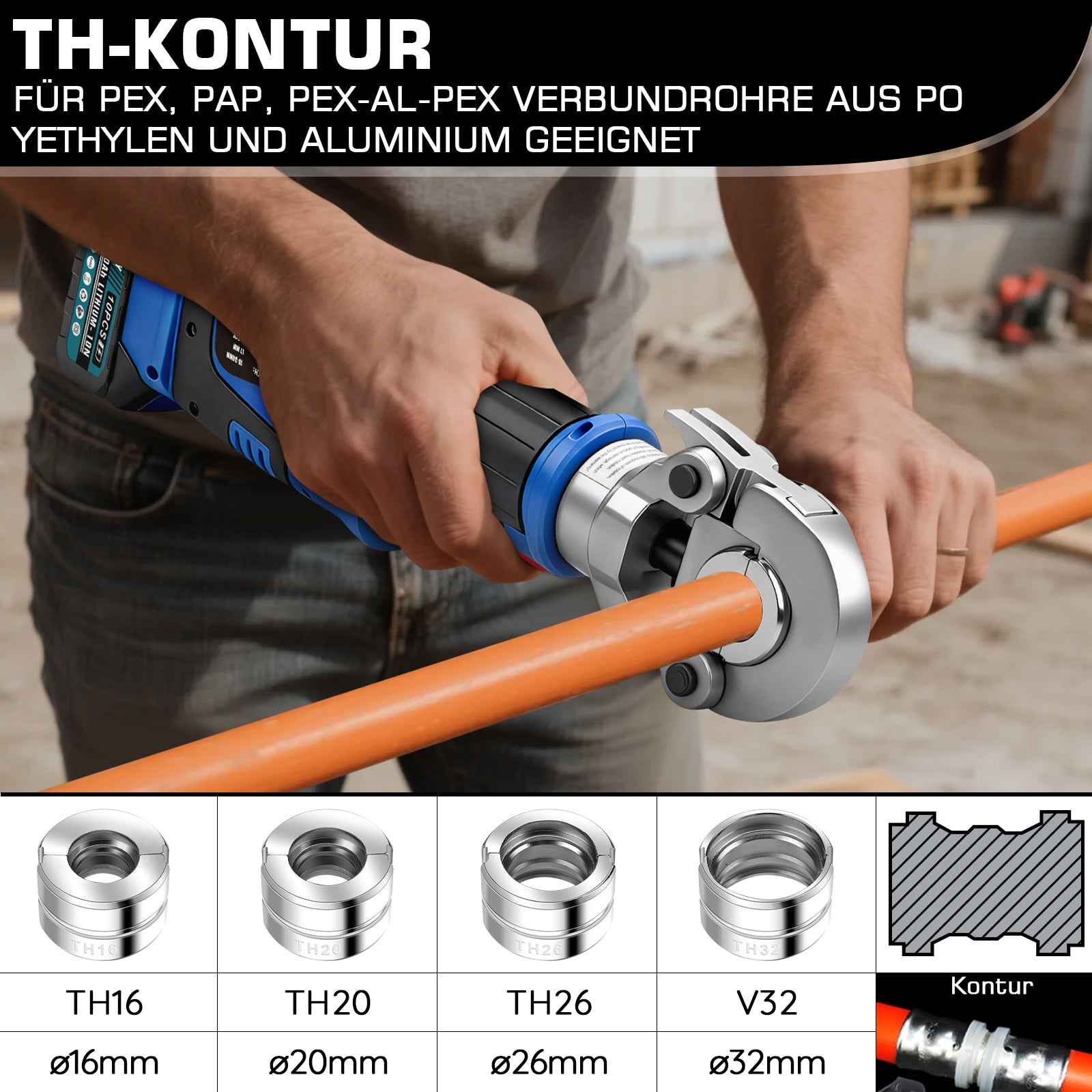rondelic Akku Presszange Elektrohydraulisch mit 9 Pressbacken TH & V Profil, 2×5,0Ah Akku, Rohrpresszange für Kupfer-, Edelstahl- & Verbundrohre