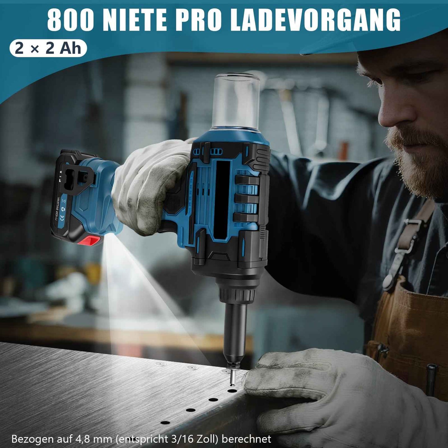 Akku Blindnietgerät 10kN Bürstenlos 2 Akkus Nietpistole 2.4-6.0 mm für Aluminium Stahl Edelstahl Blindnieten Set