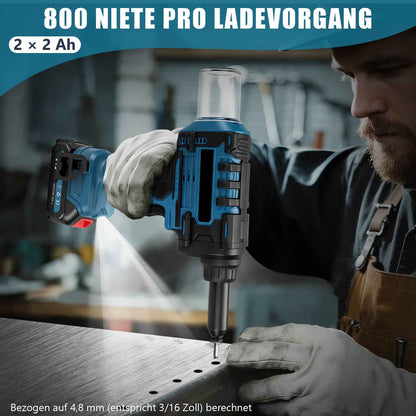 Akku Blindnietgerät 10kN Bürstenlos 2 Akkus Nietpistole 2.4-6.0 mm für Aluminium Stahl Edelstahl Blindnieten Set