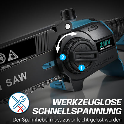 Mini Akku Kettensäge 900W - 6/8 Zoll, 2x 2000mAh Akku, bürstenlos, automatische Kettenspannung, kabellos für müheloses Schneiden - Irondelic