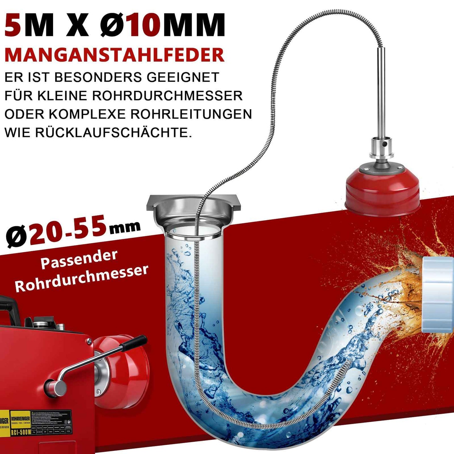 Irondelic 500W Elektrische Rohrreinigungsmaschine Set | Profi Abflussreiniger mit 10mm & 16mm Spiralen | Gewerblicher Rohrreiniger für Ø30-100mm