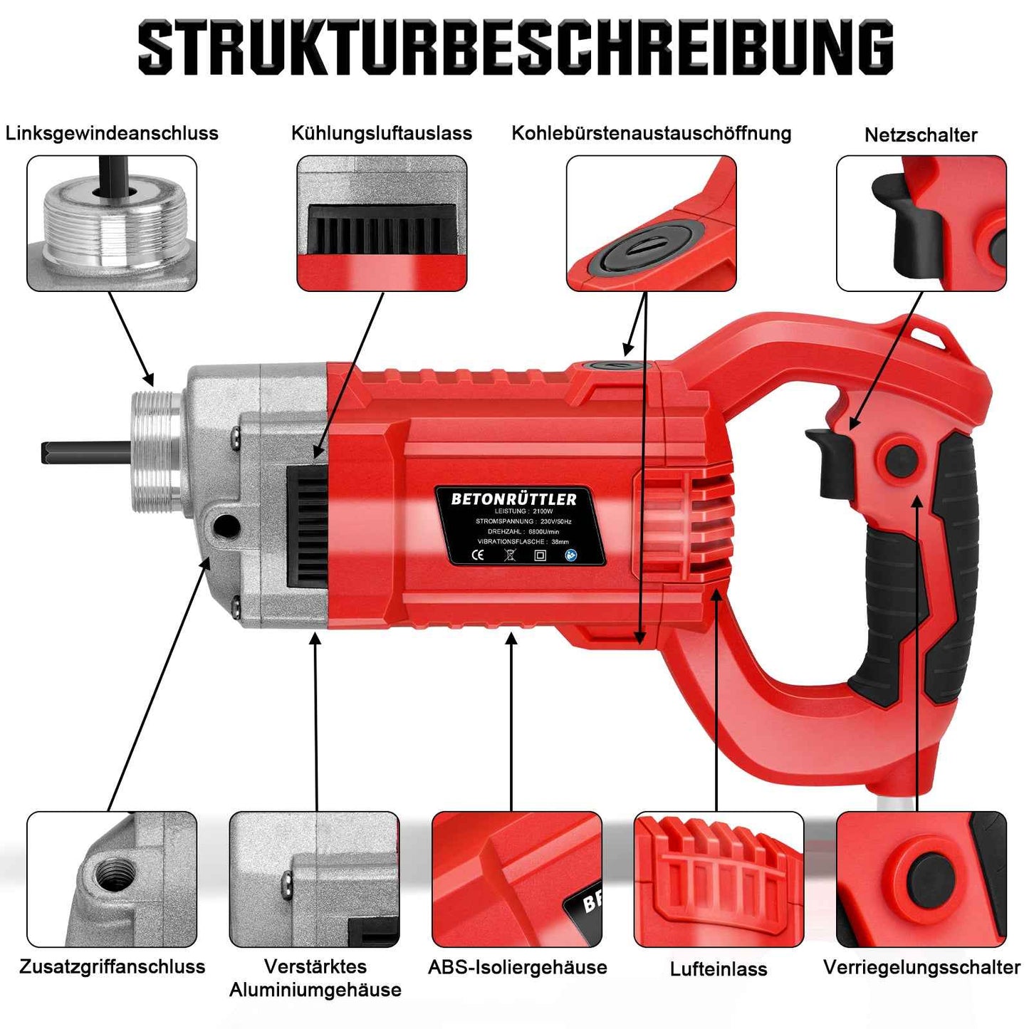 Irondelic 2100W Betonrüttler mit 2m Rüttelflasche Ø38mm | Profi Innenrüttler 220Hz | Starker Flaschenrüttler für Fundamente & Bodenplatten
