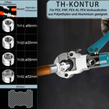Irondelic Hydraulische Presszange 100kN Set V TH Kontur 12-32 mm Rohrpresszange für Kupfer Edelstahl PEX inkl Pressbacken Rohrschneider - Irondelic