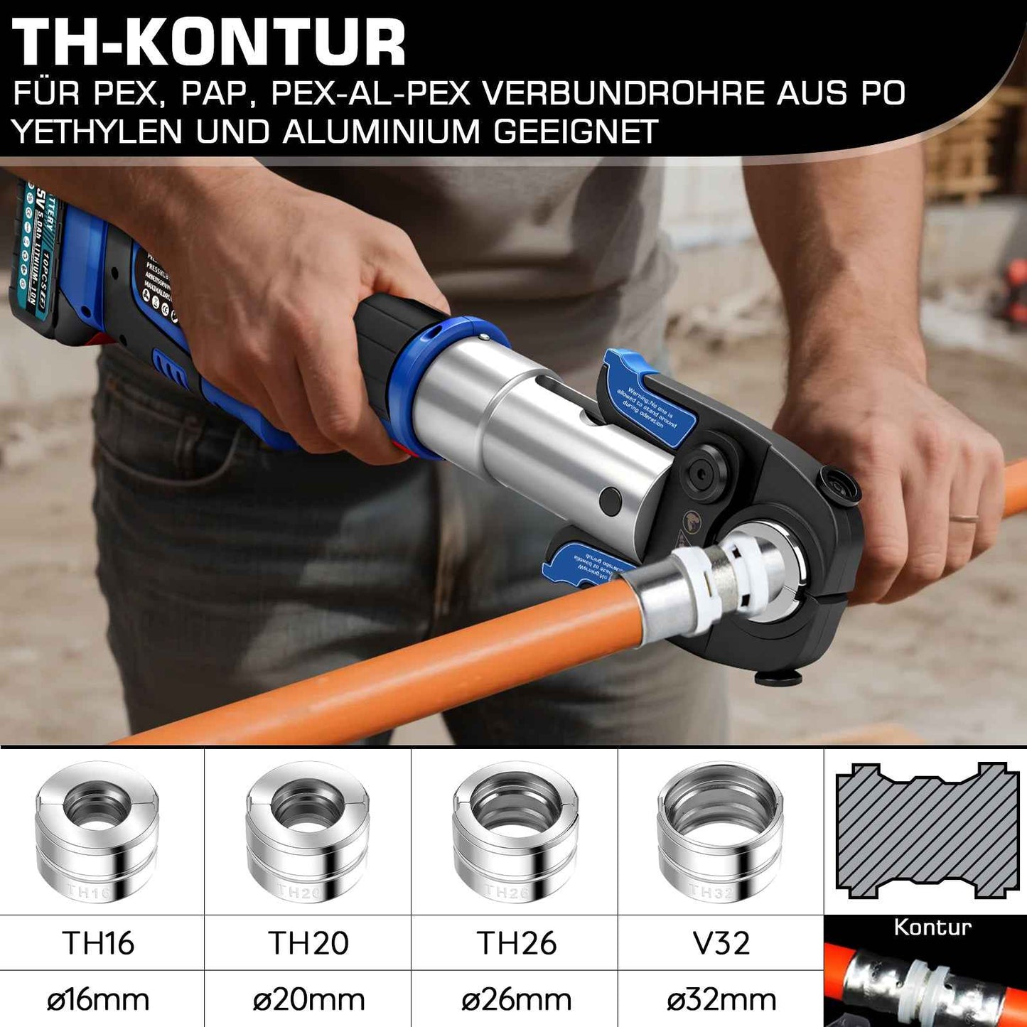 Irondelic Akku Presszange Elektrohydraulisch mit 9 Pressbacken TH & V Profil, 2×5,0Ah Akku für Kupfer-, Edelstahl-, PEX- & Verbundrohre