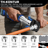 Irondelic Akku Presszange Elektrohydraulisch mit 9 Pressbacken TH & V Profil, 2×5,0Ah Akku für Kupfer-, Edelstahl-, PEX- & Verbundrohre - Irondelic