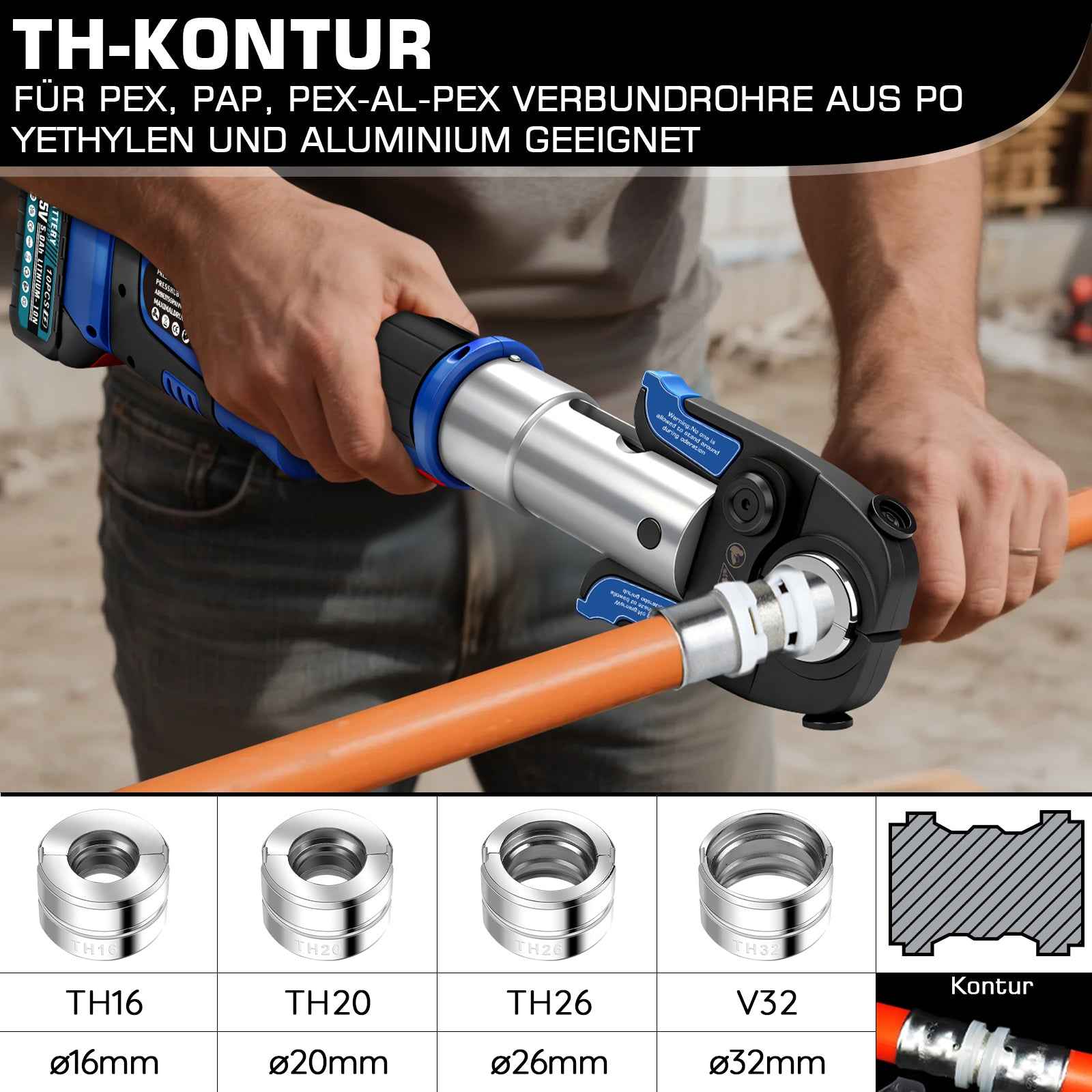 Irondelic Akku Presszange Elektrohydraulisch mit 9 Pressbacken TH & V Profil, 2×5,0Ah Akku für Kupfer-, Edelstahl-, PEX- & Verbundrohre