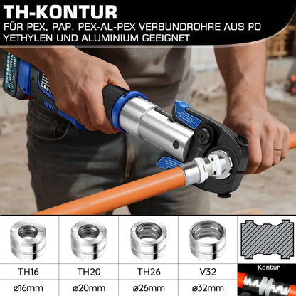 Irondelic Akku Presszange Elektrohydraulisch mit 9 Pressbacken TH & V Profil, 2×5,0Ah Akku für Kupfer-, Edelstahl-, PEX- & Verbundrohre
