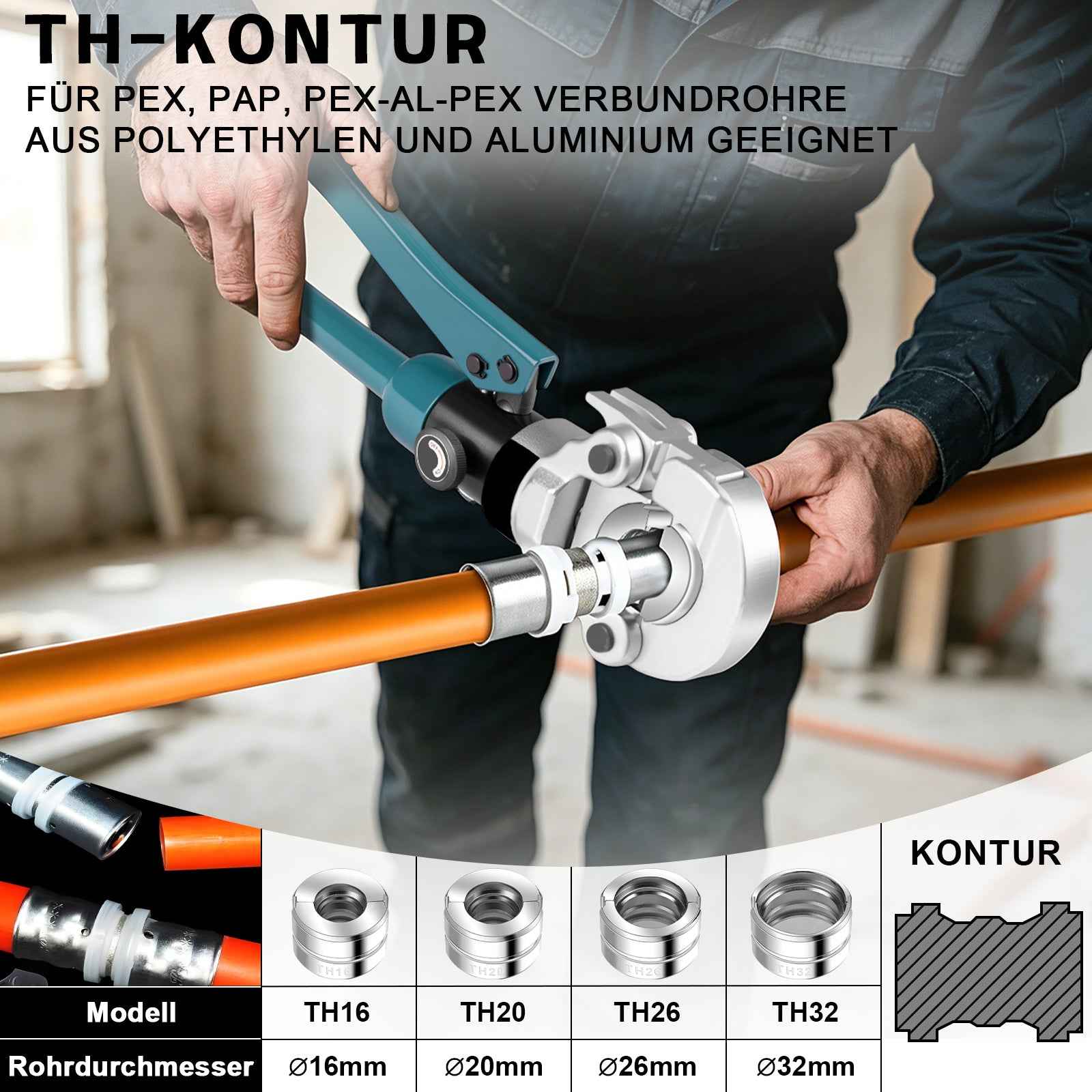 Irondelic 100kN Hydraulische Rohrpresszange Set | V-Kontur Presszange für Kupfer & Edelstahl | Profi Presswerkzeug mit Rohrabschneider im Koffer