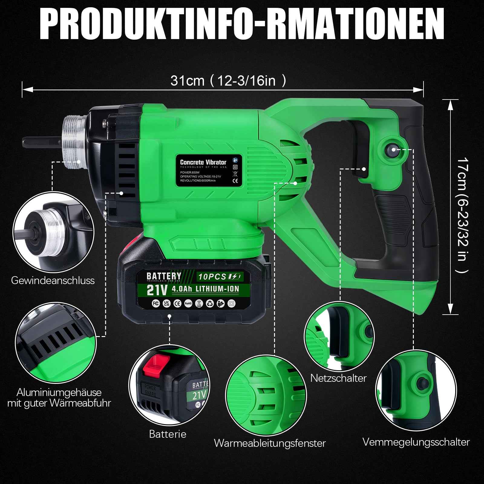 Irondelic Akku-Betonrüttler 18V Set mit 1x Akku | Kabelloser Innenrüttler 6000 U/min | 35mm Flaschenrüttler für Fundamente & Garten