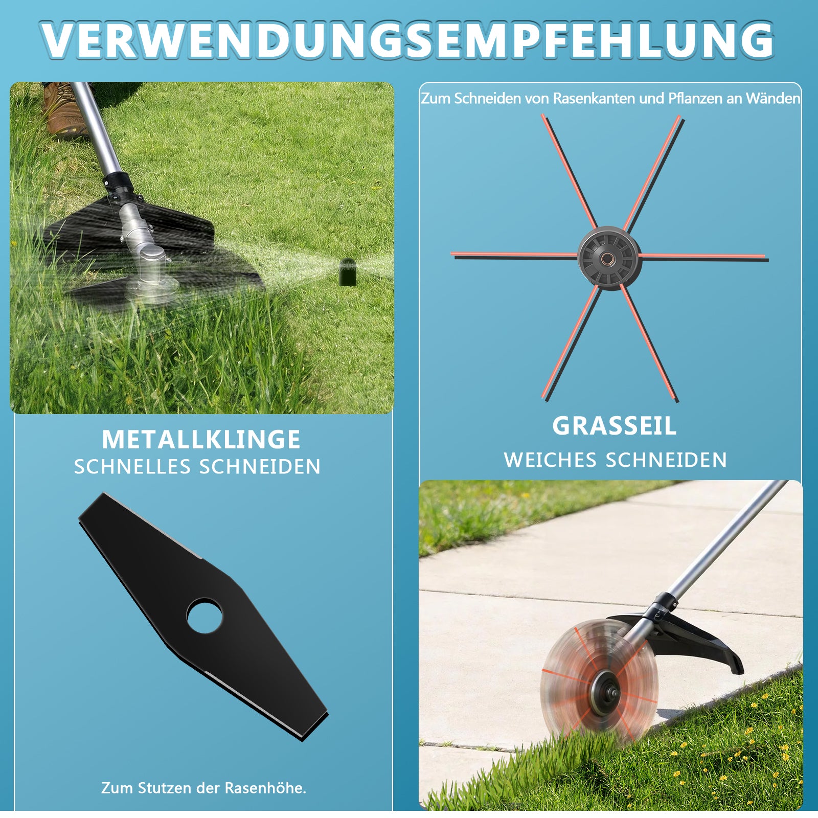 Akku Freischneider 18V 1380W mit 2 Akkus – Bürstenlose Motorsense, Kompatibler Rasentrimmer, Multifunktionaler Unkrautentferner mit Sägeblatt & Messer - Irondelic