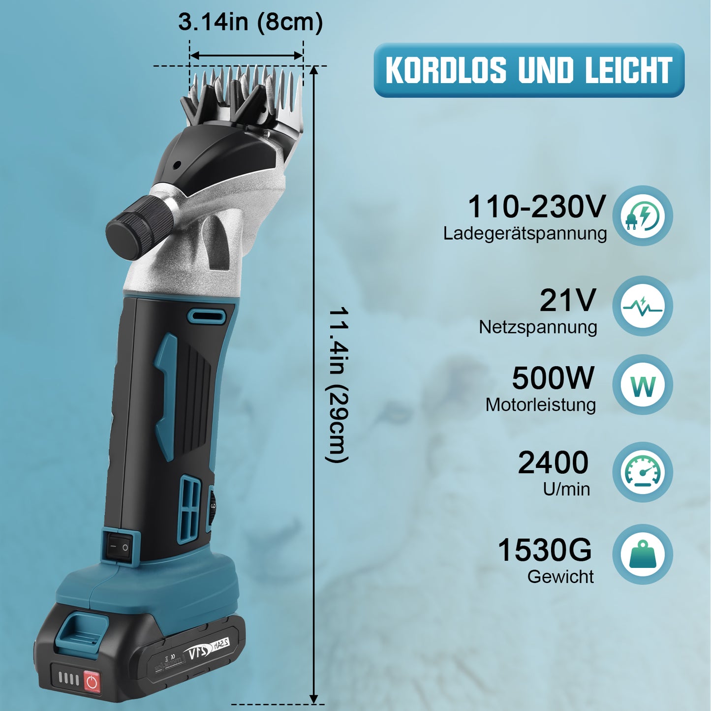 Akku Schermaschine für Tiere 500W – kabelloser Tierhaarschneider mit 2 Akkus und 6 Geschwindigkeiten, kompatibel mit 18V Akkusystem - Irondelic