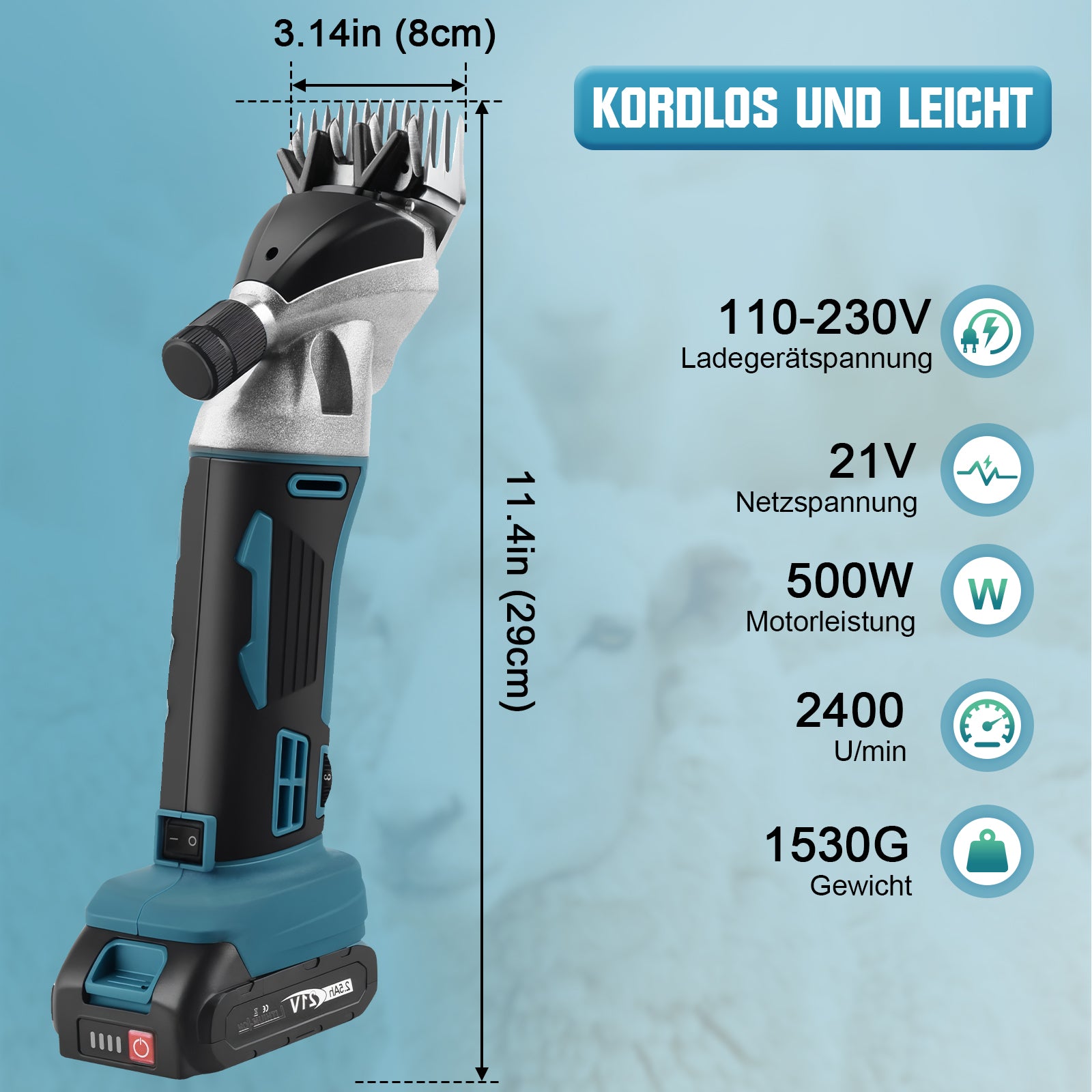 Akku Schermaschine für Tiere 500W – kabelloser Tierhaarschneider mit 2 Akkus und 6 Geschwindigkeiten, kompatibel mit 18V Akkusystem - Irondelic