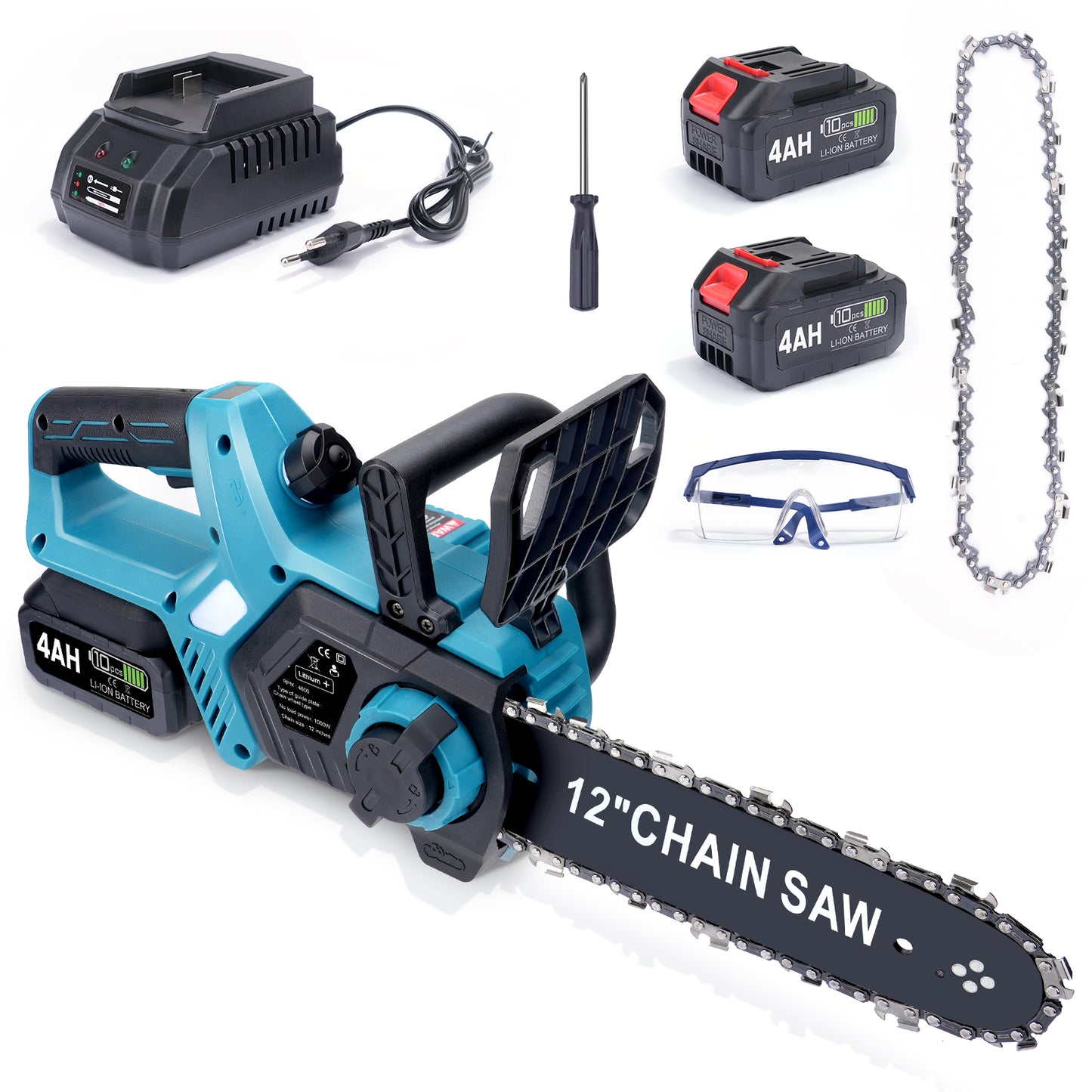 Akku Kettensäge 12 Zoll, 20 m/s, 2x 4Ah Akku, 1000W bürstenlos, automatische Kettenspannung, kabellos, leistungsstark und handlich - Irondelic
