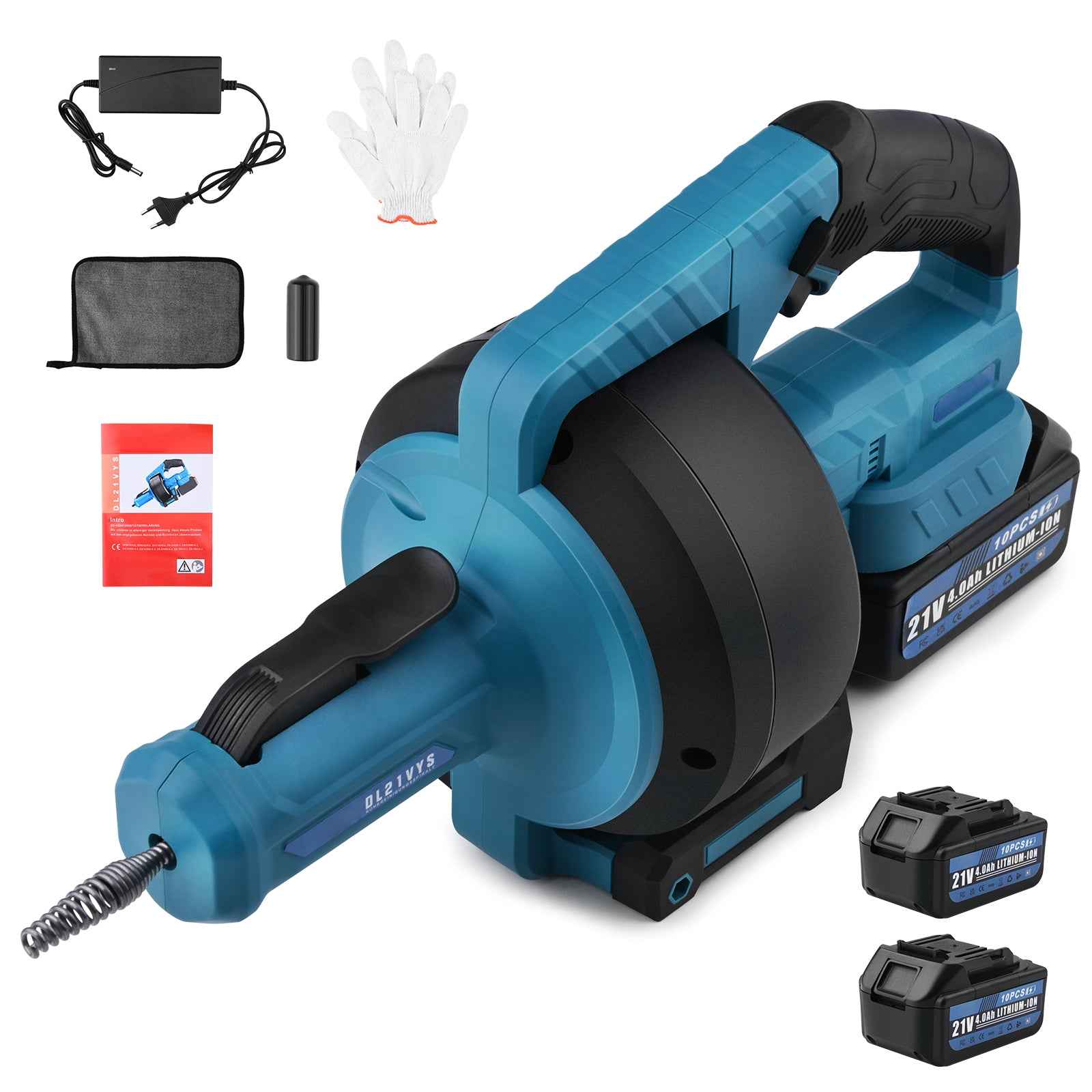 Irondelic 21V Akku-Rohrreinigungsmaschine automatisch | Tragbarer Abflussreiniger 7,6m | Profi Rohrreiniger Set inkl. 2x 4.0Ah Akkus
