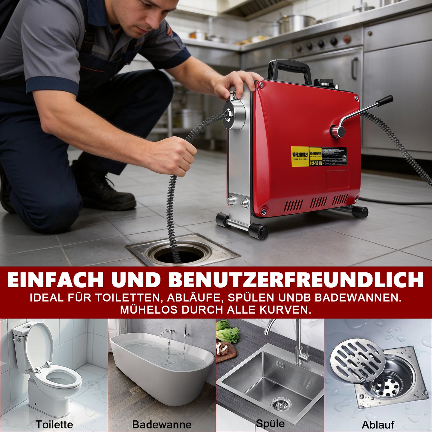 Irondelic 500W Elektrische Rohrreinigungsmaschine Set | Profi Abflussreiniger mit 10mm & 16mm Spiralen | Gewerblicher Rohrreiniger für Ø30-100mm