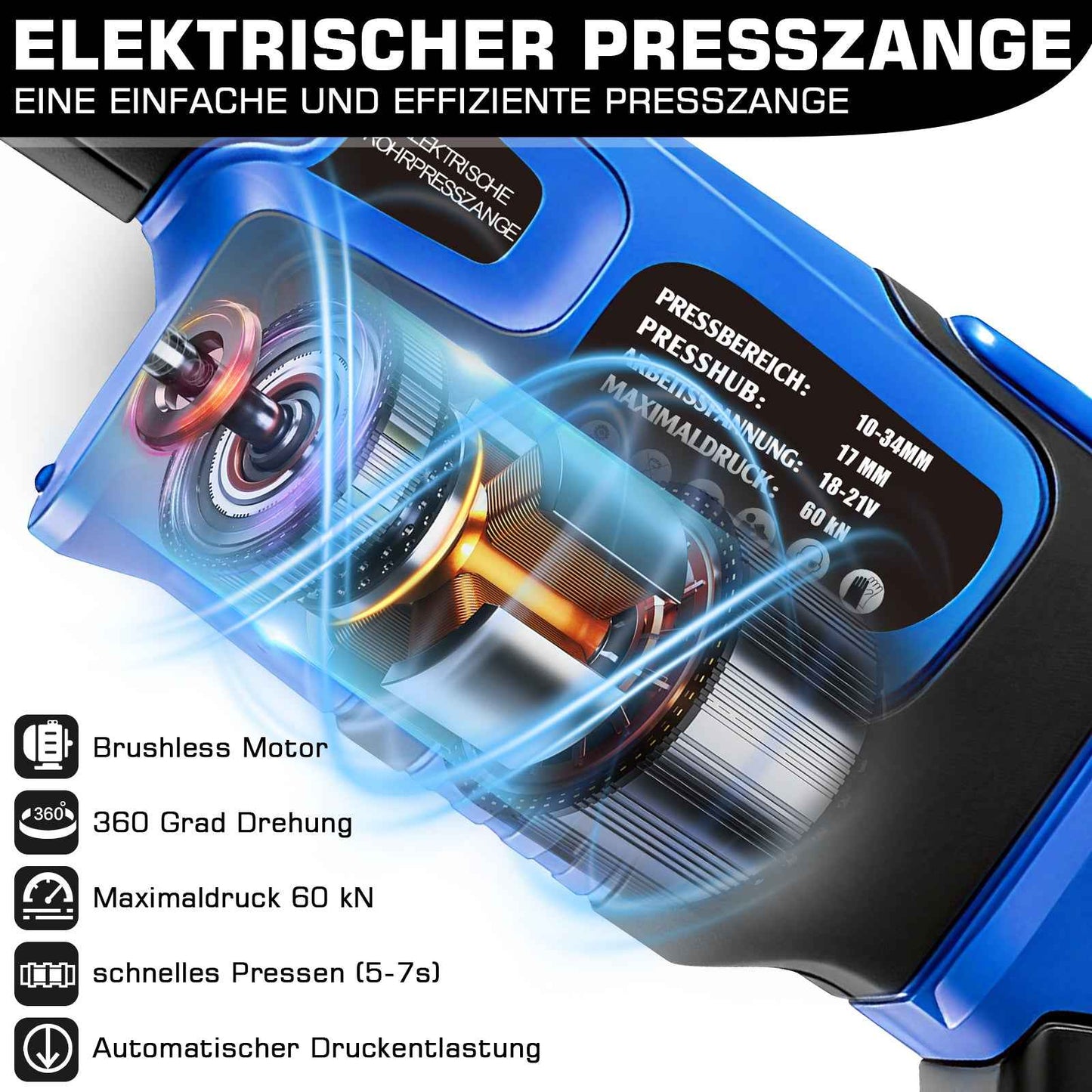rondelic Akku Presszange Elektrohydraulisch mit 9 Pressbacken TH & V Profil, 2×5,0Ah Akku, Rohrpresszange für Kupfer-, Edelstahl- & Verbundrohre