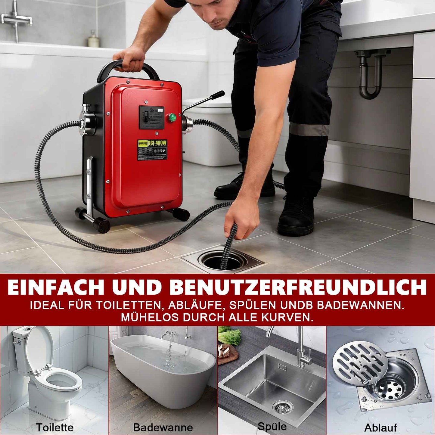 Irondelic 400W Elektrische Rohrreinigungsmaschine Set | Profi Abflussreiniger mit FI-Schutzschalter | Universal Rohrreiniger für Rohre Ø20-100mm
