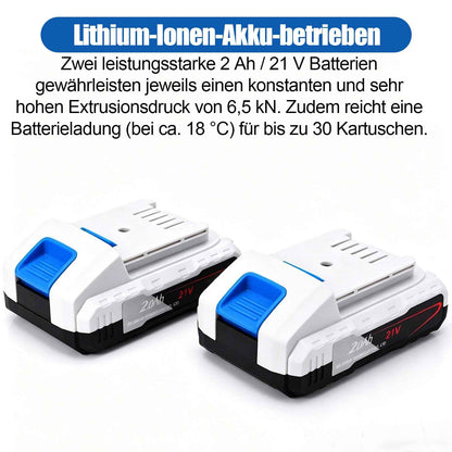 Irondelic Akku-Kartuschenpresse 21V Set mit 2x Akkus | 6500N Profi Auspressgerät für 310ml & 600ml | 6-Gang Fugen-Dichtstoffpresse im Koffer