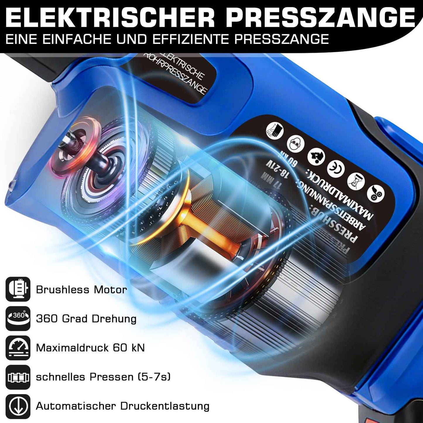 Irondelic Akku Presszange Elektrohydraulisch mit 9 Pressbacken TH & V Profil, 2×5,0Ah Akku für Kupfer-, Edelstahl-, PEX- & Verbundrohre