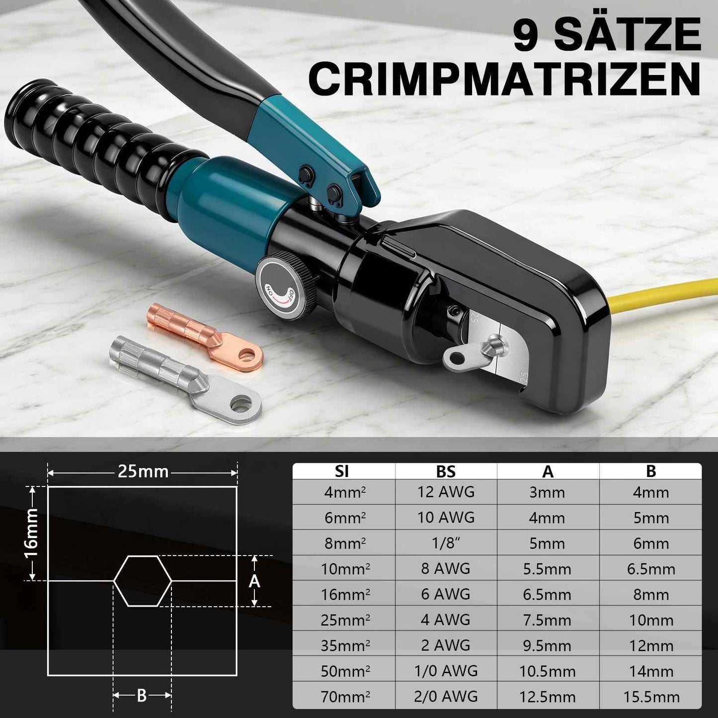 Irondelic Hydraulische Crimpzange 4–70 mm² Set mit 9 Pressbacken, Kabelschneider & Koffer