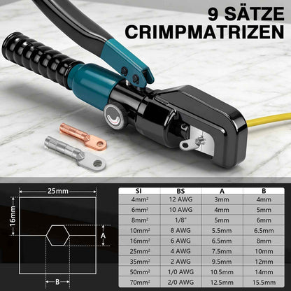Irondelic Hydraulische Crimpzange 4–70 mm² Set mit 9 Pressbacken, Kabelschneider & Koffer