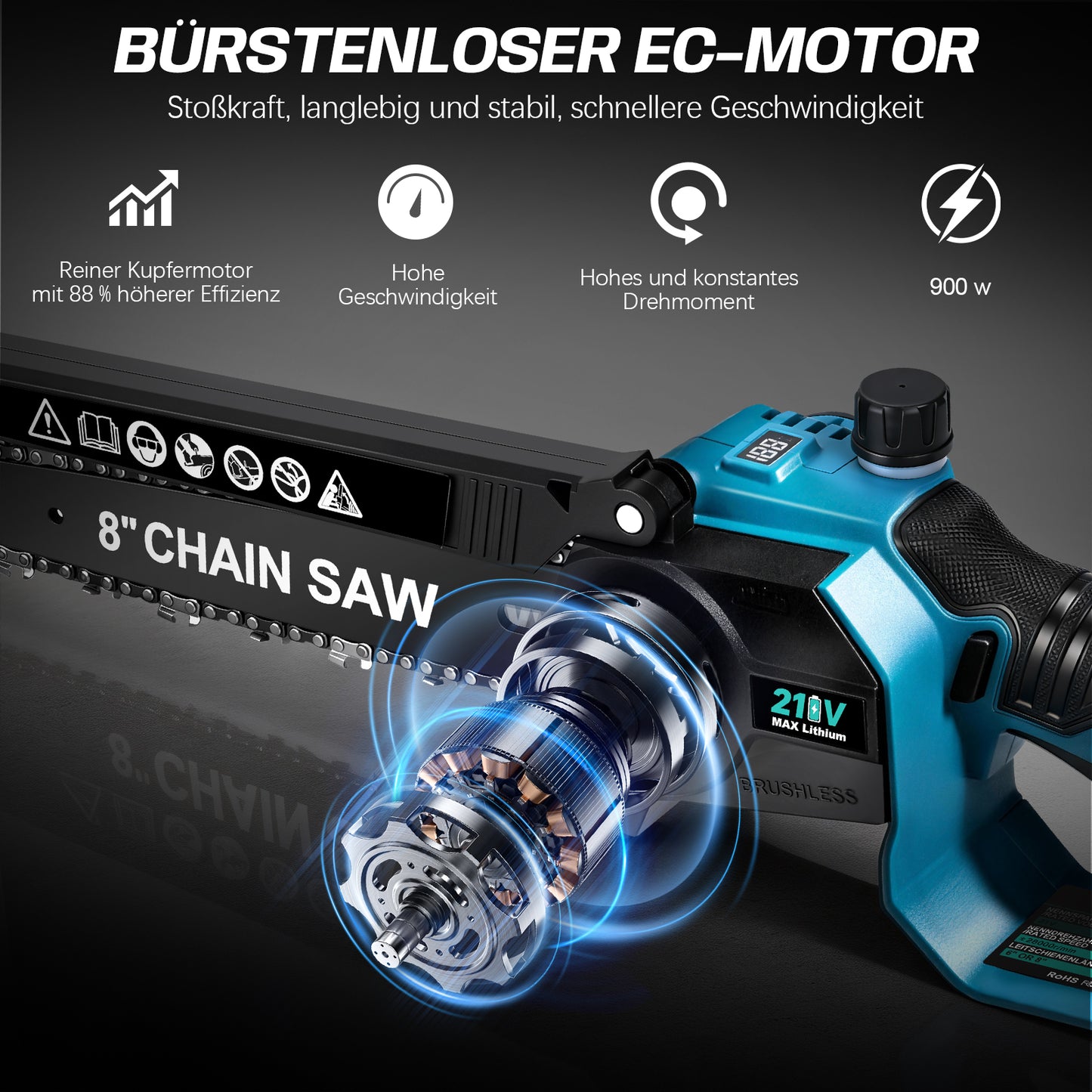 Mini Akku Kettensäge 900W - 6/8 Zoll, 2x 2000mAh Akku, bürstenlos, automatische Kettenspannung, kabellos für müheloses Schneiden - Irondelic