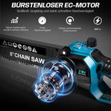 Irondelic Mini Akku Kettensäge 900W - 6/8 Zoll, 2x 2000mAh Akku, bürstenlos, automatische Kettenspannung, kabellos für müheloses Schneiden - Irondelic
