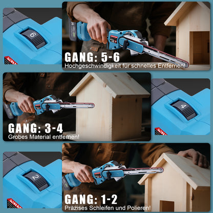 Kabelloser Mini-Bandschleifer mit 6 Geschwindigkeiten, 9/13mm Schleifband, Staubanschluss und 2×2Ah Akku – Präzises Schleifen für Holz und Metall - Irondelic