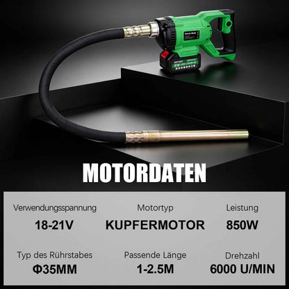 Irondelic Akku-Betonrüttler 18V Set mit 1x Akku | Kabelloser Innenrüttler 6000 U/min | 35mm Flaschenrüttler für Fundamente & Garten