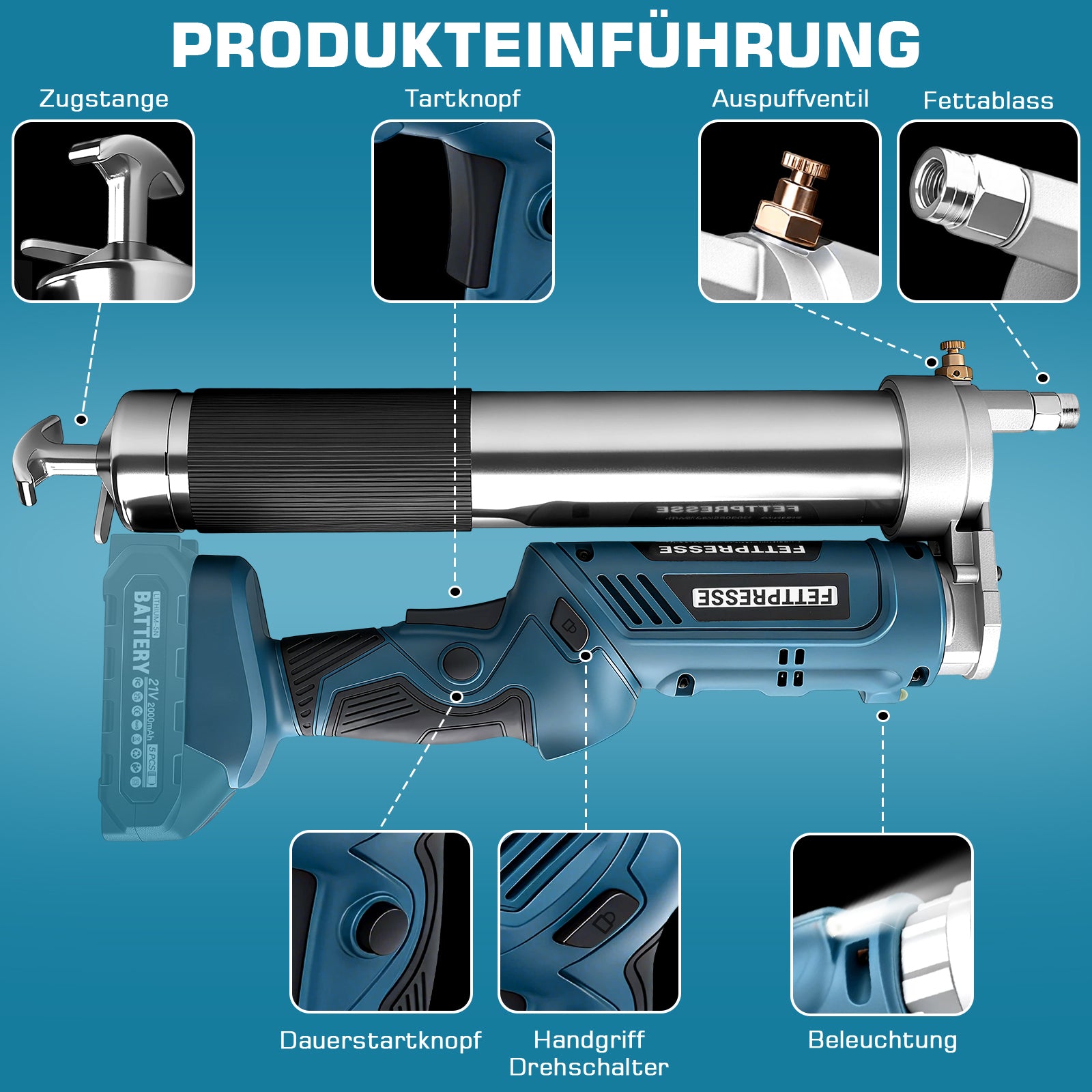 Akku Fettpresse 12000 PSI kabellos mit LED, 2-in-1 Griff, 160 g/min, 18–21V, inkl. 2 Akkus, Ladegerät & Düsen für Auto, Werkstatt & Maschinen kaufen - Irondelic