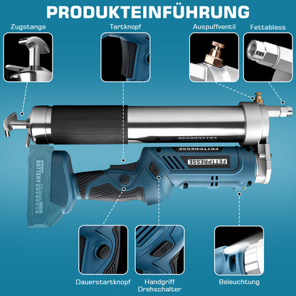 Akku Fettpresse 12000 PSI kabellos mit LED, 2-in-1 Griff, 160 g/min, 18–21V, inkl. 2 Akkus, Ladegerät & Düsen für Auto, Werkstatt & Maschinen kaufen - Irondelic