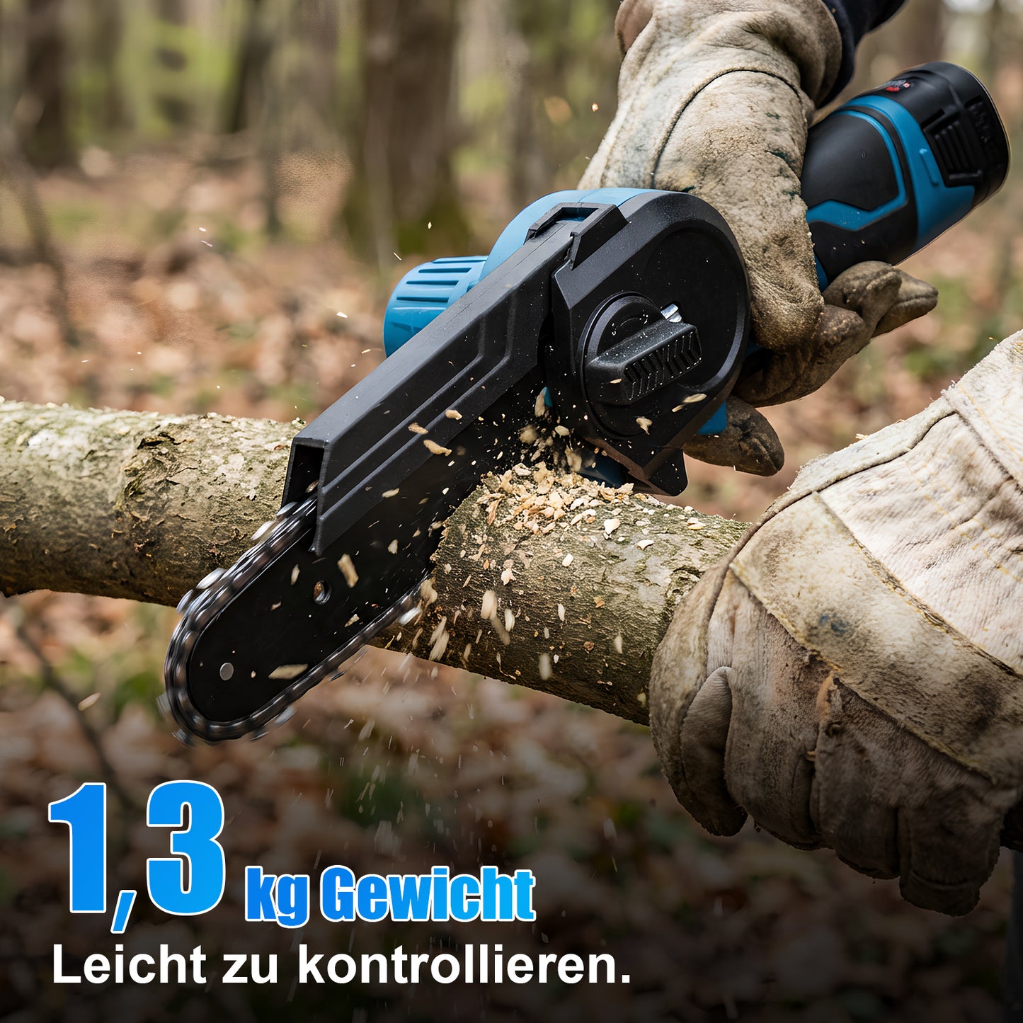Irondelic Mini Akku-Kettensäge 4- & 6-Zoll Set | 350W Hand-Kettensäge mit 2x Akkus | Leichte Einhand-Gartensäge für Astschnitt & Holz - Irondelic