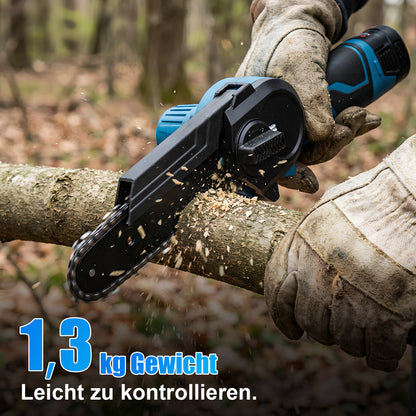 Irondelic Mini Akku-Kettensäge 4- & 6-Zoll Set | 350W Hand-Kettensäge mit 2x Akkus | Leichte Einhand-Gartensäge für Astschnitt & Holz - Irondelic