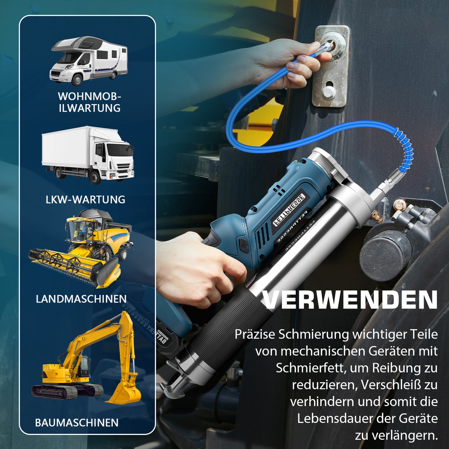 Akku Fettpresse 12000 PSI kabellos mit LED, 2-in-1 Griff, 160 g/min, 18–21V, inkl. 2 Akkus, Ladegerät & Düsen für Auto, Werkstatt & Maschinen kaufen - Irondelic