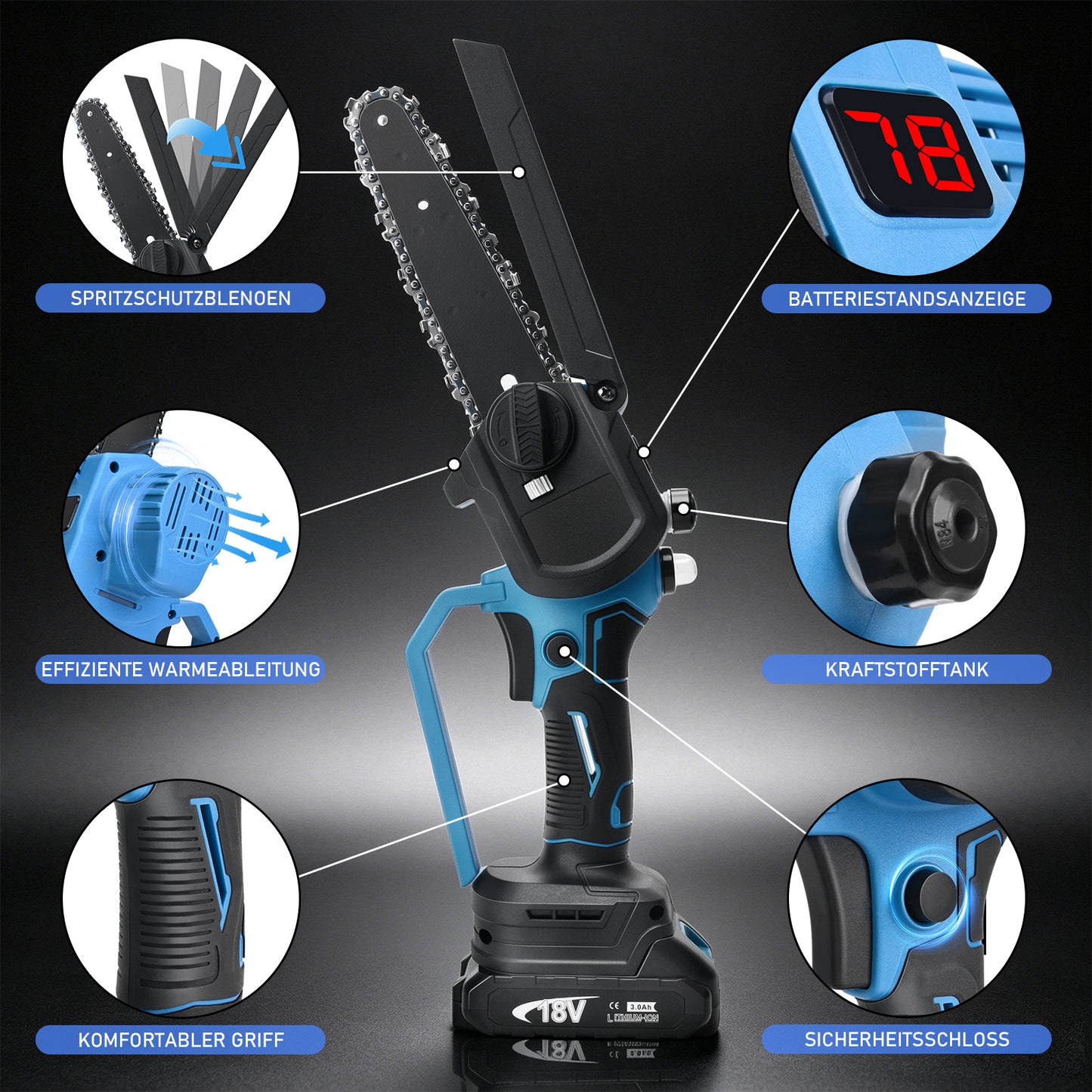 Irondelic Bürstenlose Mini-Akkukettensäge 450W | 6- & 8-Zoll Set mit automatischer Ölung | Leichte Einhand-Gartensäge kompatibel mit Makita 18V im Koffer