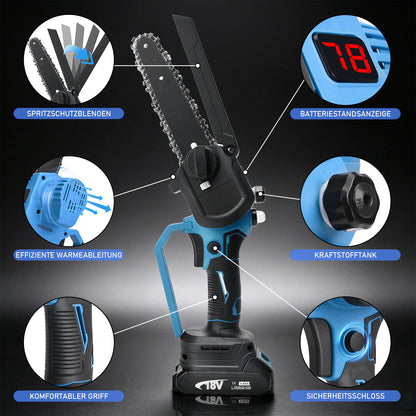 Irondelic Bürstenlose Mini-Akkukettensäge 450W | 6- & 8-Zoll Set mit automatischer Ölung | Leichte Einhand-Gartensäge kompatibel mit Makita 18V im Koffer