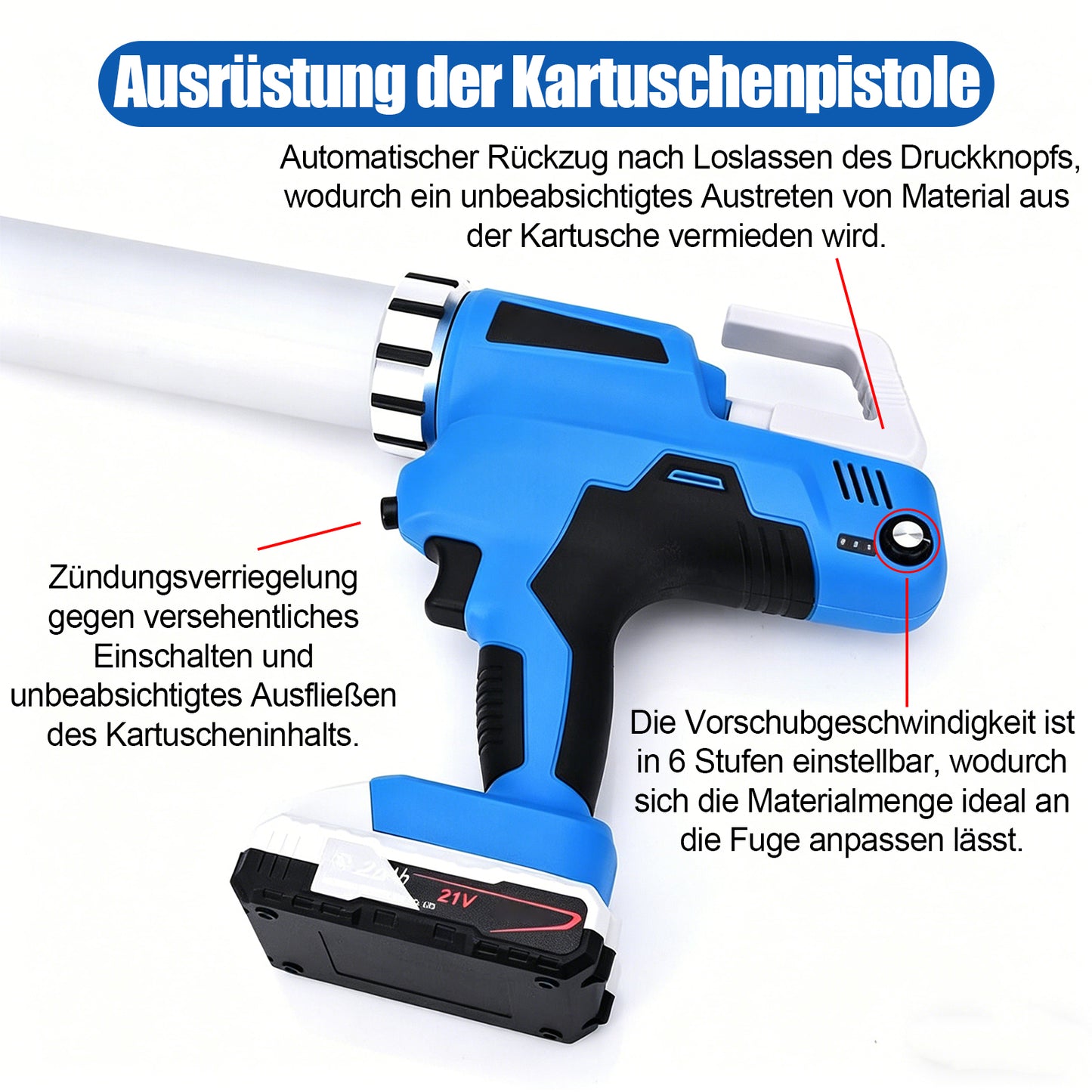 Irondelic Akku-Kartuschenpresse 21V Set mit 2x Akkus | 6500N Profi Auspressgerät für 310ml & 600ml | 6-Gang Fugen-Dichtstoffpresse im Koffer