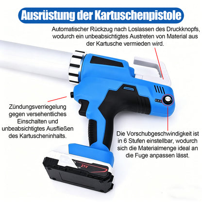 Irondelic Akku-Kartuschenpresse 21V Set mit 2x Akkus | 6500N Profi Auspressgerät für 310ml & 600ml | 6-Gang Fugen-Dichtstoffpresse im Koffer